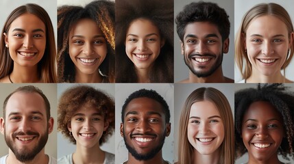 Collage of diverse individuals smiling, representing a range of ethnicities and ages, ideal for themes of unity and happiness.