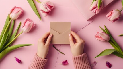A person's hands delicately hold a brown envelope, surrounded by vibrant tulips, gifts, and pink background.