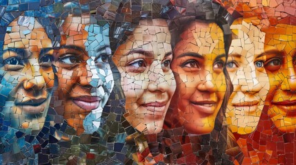 An artistic mosaic wall mural celebrating diversity with colorful, interconnected female faces, depicting the unity of women from different backgrounds.