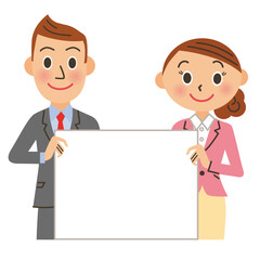 白いボードを持つ男性と女性の会社員