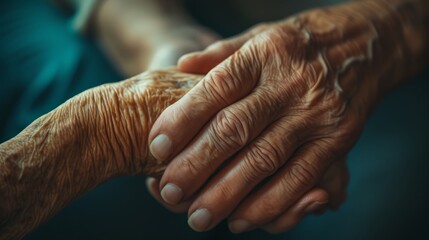 Fototapeta premium A heartwarming photo capturing a young female doctor gently holding the hand of an elderly person, conveying a deep sense of care, support, and compassion in a medical setting.