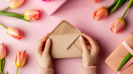 A person's hands delicately hold a brown envelope, surrounded by vibrant tulips, gifts, and pink background.