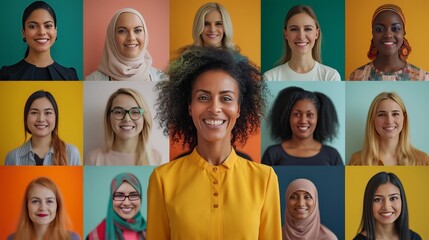 Collage of diverse and happy women with different ethnic backgrounds, hairstyles, and attire, showcasing multicultural beauty.