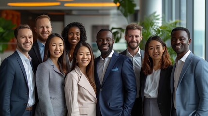 Fototapeta premium Group of diverse business professionals standing together, smiling in a modern office environment, representing teamwork and success.
