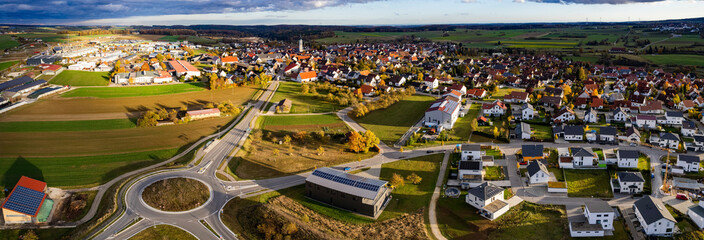 Aerial around the village Merklingen in Germany on a sunny afternoon in Autumn	
