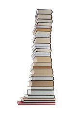 High stack of many different books isolated on white