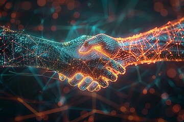 Futuristic digital handshake concept Featuring wire-frame glowing hands in a virtual space Symbolizing digital agreements and trust - obrazy, fototapety, plakaty