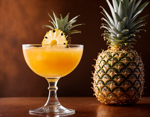Coctel with pineapple in a glass tumbler on a brown table