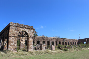 Fototapeta na wymiar Ruins of an old British military fort at Shirley Heights in Antigua