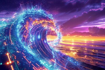 Giant neon wave surging across a digital landscape Symbolizing dynamic energy and futuristic concepts in a vibrant visual display.