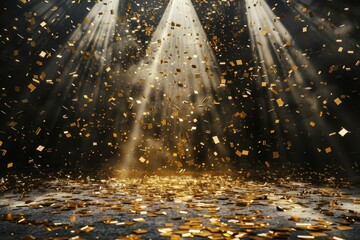 Golden confetti falling on an empty stage with spotlight center Ready for award ceremonies or product reveals in a glamorous setting.