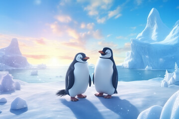 Obraz premium Penguins frolic on icy terrain amidst a wintry Antarctic landscape