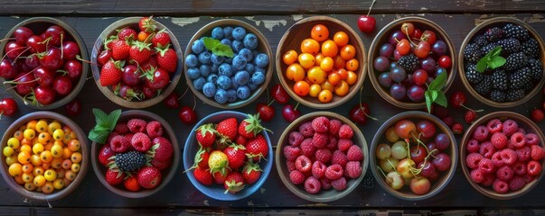 Berry varieties from above vibrant spread culinary art - obrazy, fototapety, plakaty