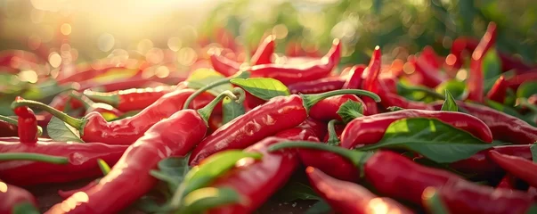 Poster Hete pepers Close up on chili peppers array spice level panorama