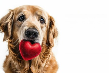 Heartwarming scene of a dog holding a valentine's heart in its mouth Set against a white background for a charming gift concept.