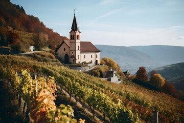 Fototapeta premium Vineyards in autumn colors with church in the background, Carpathians, Ukraine