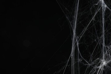 Creepy white cobweb on black background, closeup. Space for text
