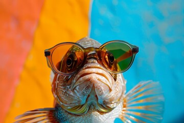 Humorous fish wearing sunglasses Set against a vibrant and colorful backdrop. studio photography highlighting whimsy Fun And creative animal concepts.