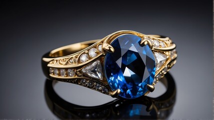 Close up of a shiny sapphire gemstone on a golden ring on plain black background from Generative AI