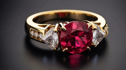 Close up of a shiny ruby gemstone on a golden ring on plain black background from Generative AI