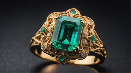 Close up of a shiny emerald gemstone on a golden ring on plain black background from Generative AI