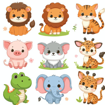 cute funny animals cartoon vector on white background
