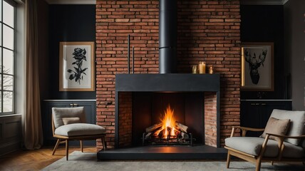 Red brick fireplace with warm fire and logs from Generative AI - obrazy, fototapety, plakaty
