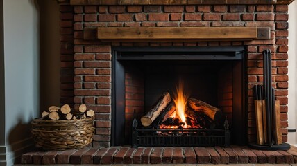 Red brick fireplace with warm fire and logs from Generative AI