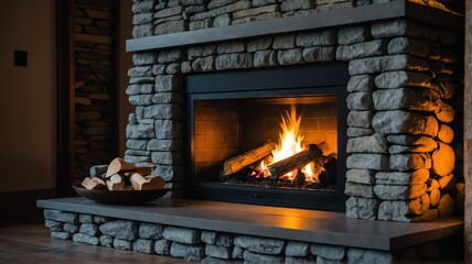 Stone wall fireplace with warm fire and logs from Generative AI