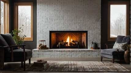White brick fireplace with warm fire and logs from Generative AI