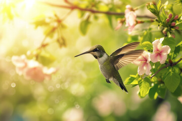 Hummingbirds in spring nature. Background with selective focus and copy space