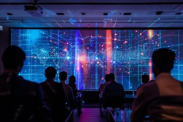 Innovative financial conference showcasing futuristic holographic data analysis With attendees interacting with 3d financial models and graphs.