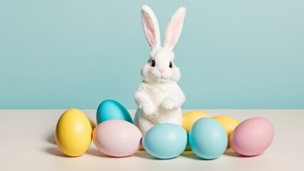 Minimalist Background with Easter Bunny Motif: Easter eggs and bunny silhouettes are visible on a simple background. There is free space for additional creativity.