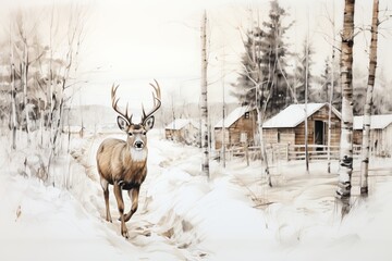A stunning deer gracefully wanders through a picturesque village covered in a blanket of snow, evoking a sense of tranquility and enchantment in the serene winter setting.