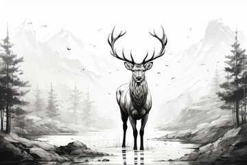 A majestic stag stands tall in a misty forest lake, surrounded by pine trees. The water ripples at its legs, creating a serene and timeless scene.