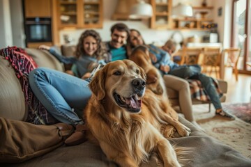 Joyful family moment with a beloved dog at home Highlighting the bond between humans and pets in a cozy setting.