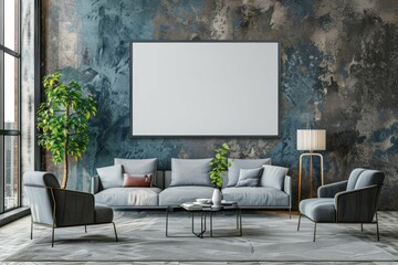 Living room wall with a mockup frame Offering a blank canvas for personalized decor. modern living space for showcasing art Memories And creative expression.