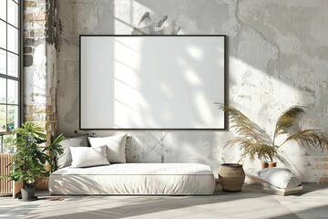 Living room wall with a mockup frame Offering a blank canvas for personalized decor. modern living space for showcasing art Memories And creative expression.