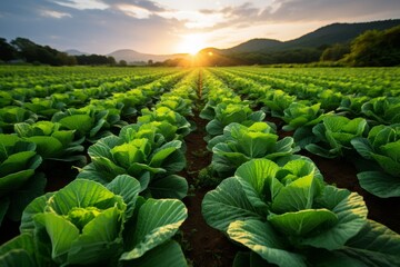 Fototapeta premium Rows of green cabbages in a farm field at sunset, extending to the horizon under a blue sky with white clouds and a warm golden sun providing a beautiful backdrop