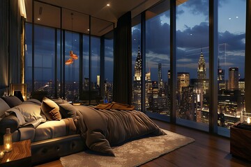 Luxurious penthouse bedroom at dusk Showcasing an elegant design with a breathtaking city skyline view from the comfort of the bed.