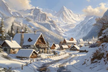 Snow village. Winter background .  - obrazy, fototapety, plakaty