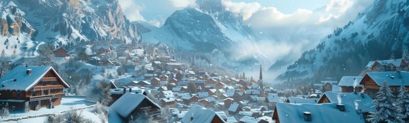 Snow village. Winter background . Banner