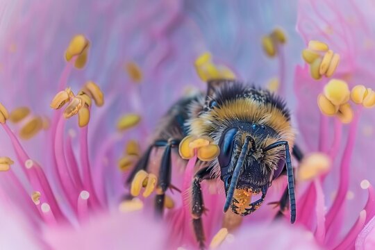 Macro shot of a bee pollinating a flower Detailed and vibrant Emphasizing the importance of pollinators in nature.