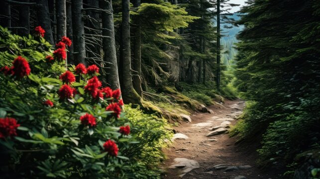 Forest view with rocky dirt road, with beautiful red flowering wild plants.