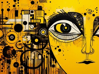 art grunge style illustration of a woman's face on a yellow background