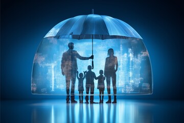 family members are all safe and secure due to having life insurance with the big glass umbrella as the coverage symbol