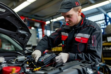 Mechanic examining the electrical system of a car in a workshop Using diagnostic tools to service the vehicle's battery.