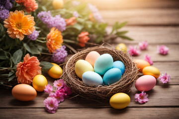 Fototapeta na wymiar Easter Elegance. Multicolored Eggs Amidst Springtime Florals
