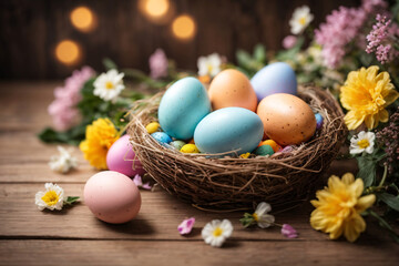 Fototapeta na wymiar Easter Blooms. Festive Egg Nest Adorned with Springtime Delights