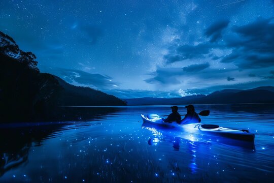 Moonlight kayaking tour on a tranquil lake With led-lit kayaks gliding through the water under a star-filled sky Offering a magical nocturnal adventure